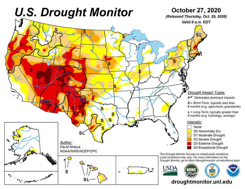 Map showing the extent of drought in the continental United States as of 27 October 2020