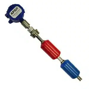 A magnostrictive level probe sensor has red and blue pieces on it and looks like a metallic rod with sensors on it.
