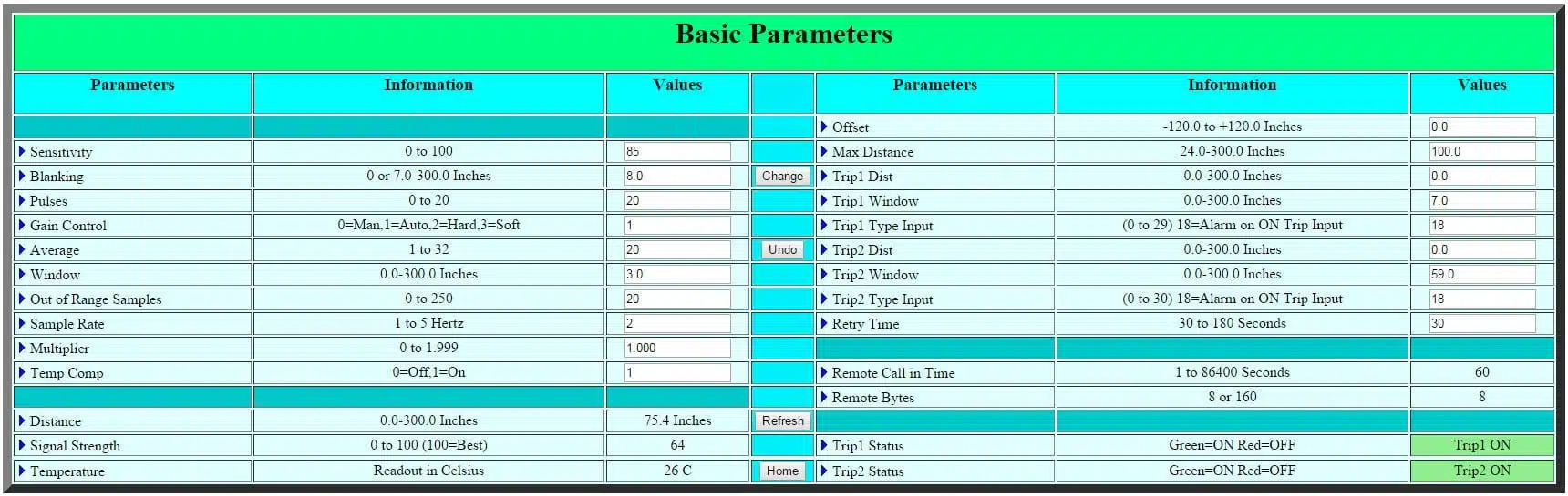 A screenshot shows the interface for the LOE ultrasonic configuration on the web server.