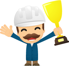 A cartoon construction worker with a blue coat, brown mustache, and white construction hat holds up a golden trophy, this is the APG mascot.