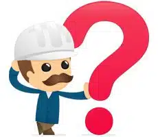mascot with hard hat leaning on big red question mark